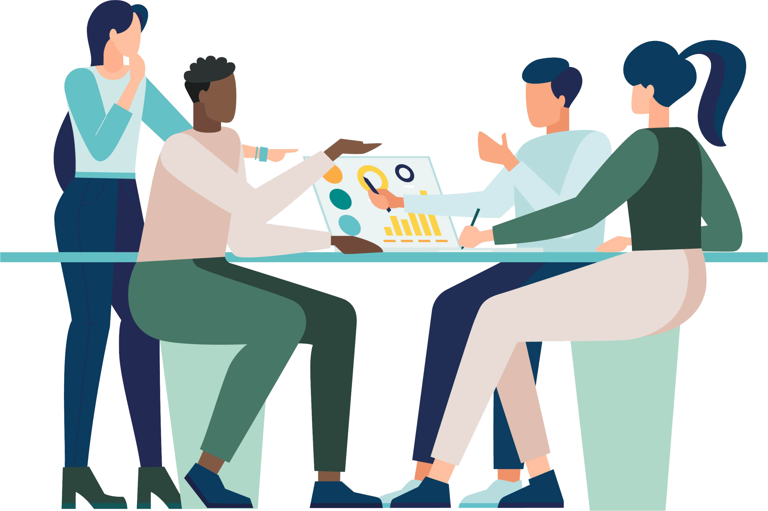 Vector image of diverse group of consultants and clients sitting at a table and discussing a project